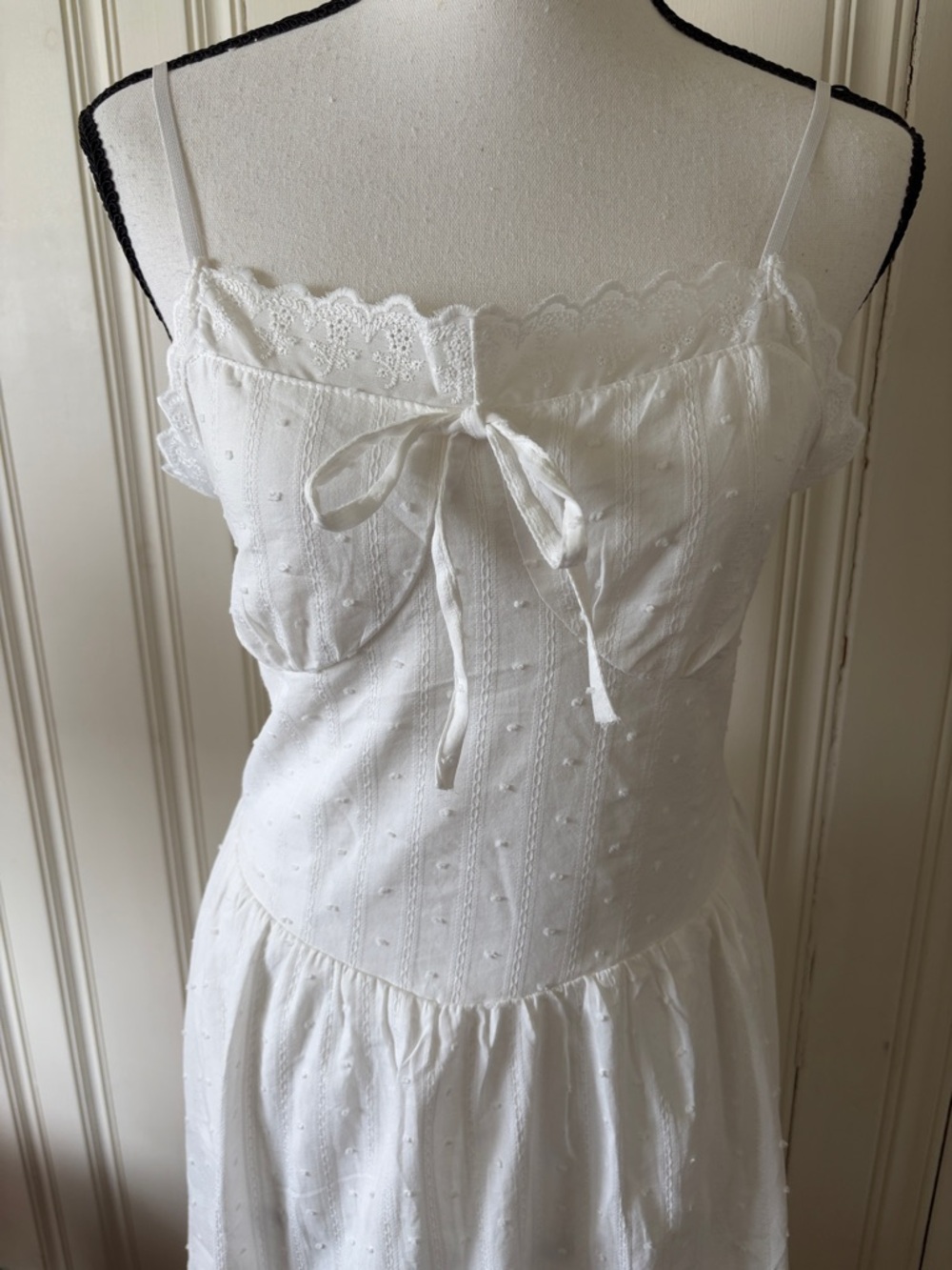White Embroidered Eyelet Lined Slip Dress with Bow Tie Size XS New